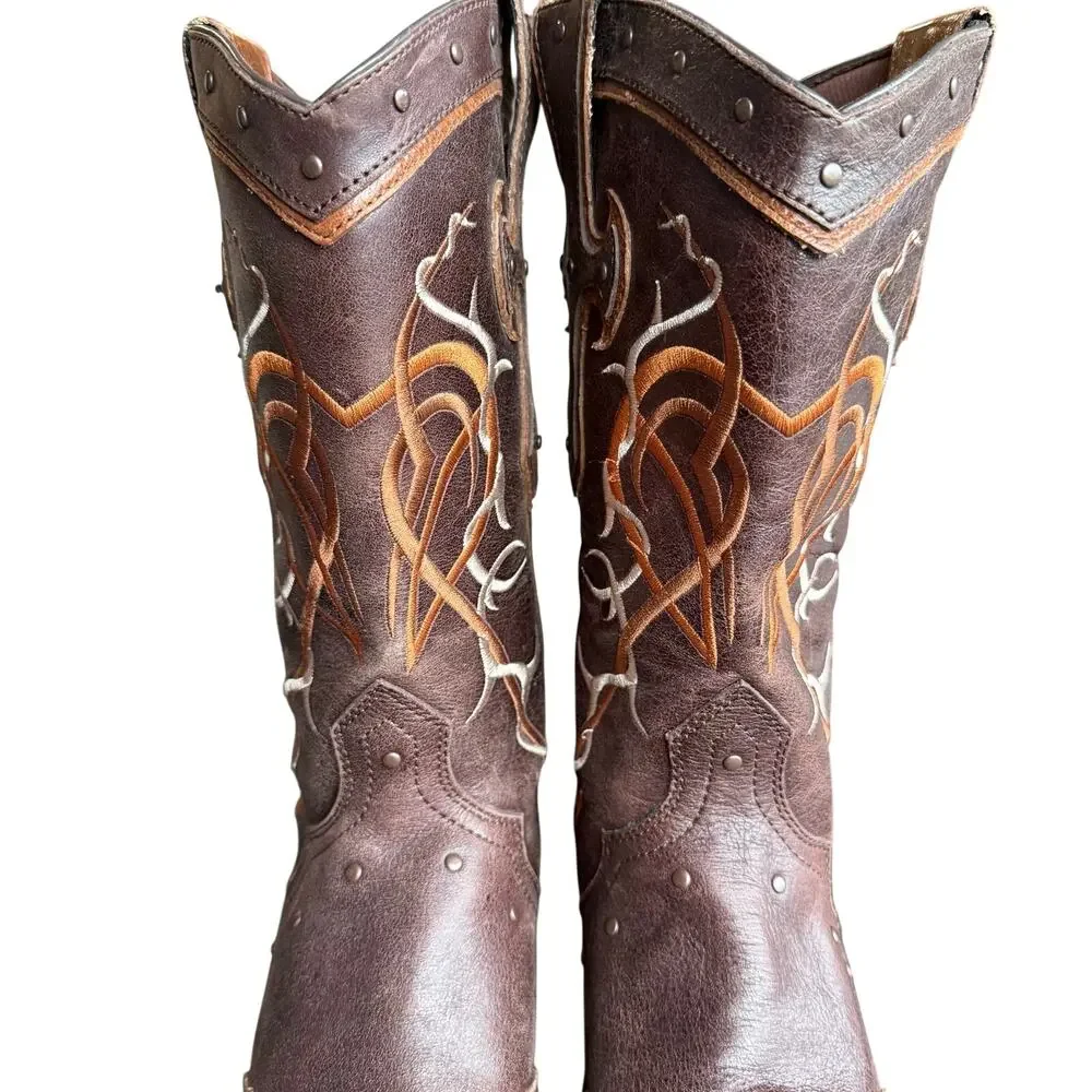Durango Crush Cowboy Boots Women’s Brown Leather Embroidered‎ w/ Cross 13” - 9.5